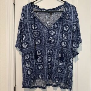 Lauren Ralph Lauren Women's Blue Multi Geo-Print Tie-Neck Top Linen Blend XXL 2X